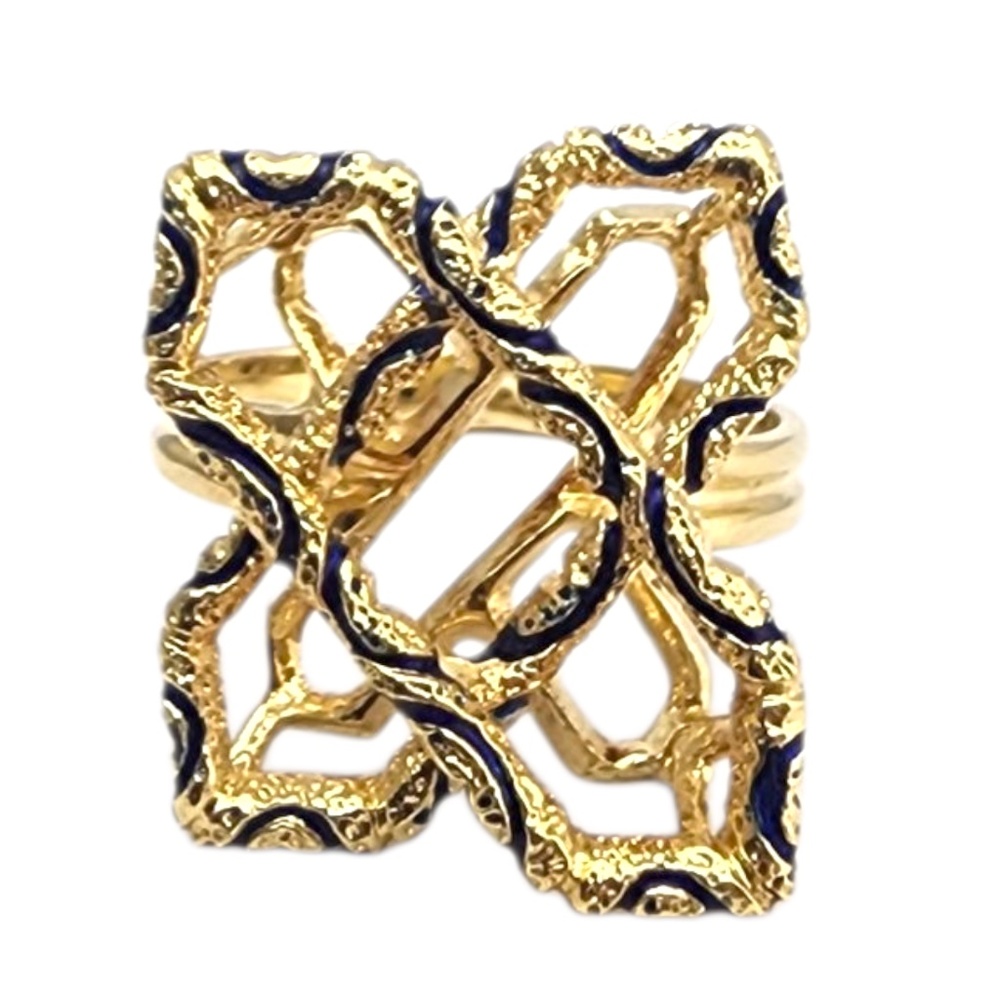 18K Yellow Gold Abstract Blue Enamel X Ring #22886